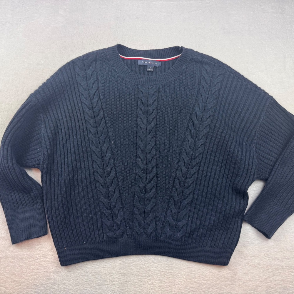 Tommy‎ Hilfiger Navy Blue Cable Knit Ribbed Crewneck Sweater Womens Large